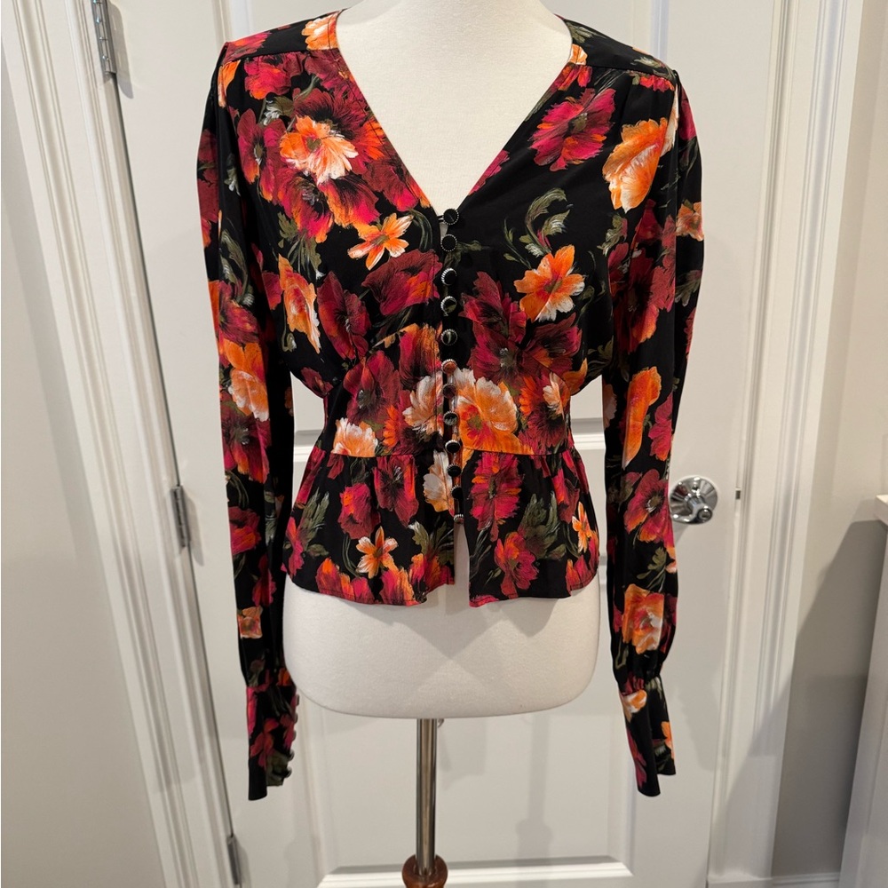 Floral Button-Up Blouse - Black and Red